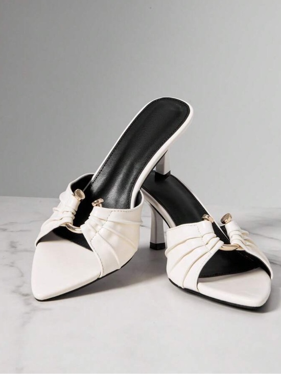 Shoes - White Women's Open-Toe Heeled Mules